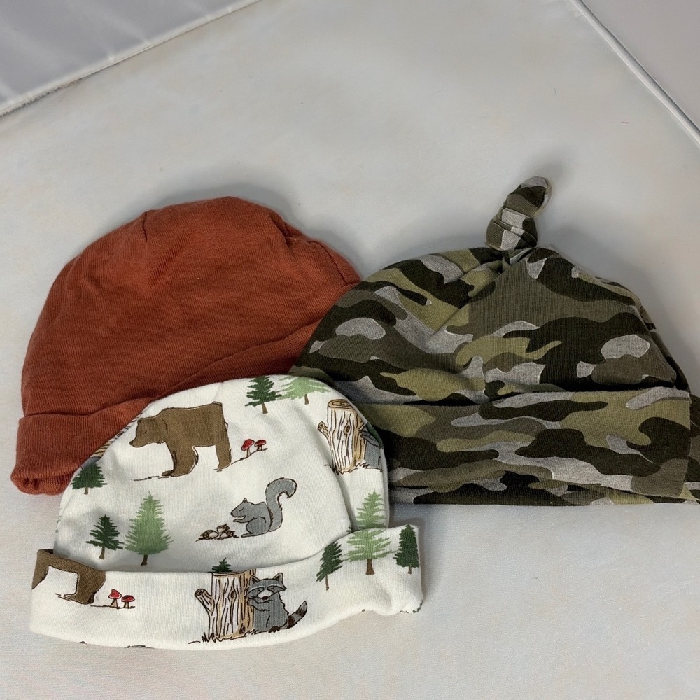 Gerber Baby Essentials Hudson Baby 3 Pack Beanies Hats 0-6M Camo Forest Rust